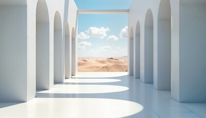 Aufkleber - Empty white corridor stretches into desert landscape. Geometric shapes, arches create futuristic interior space. Sunlight casts shadows on smooth white floor. Modern architecture concept with
