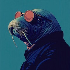 Poster - Minimalistic walrus in profile wearing a monocle, solid blue background, smooth flat and basic design with vibrant colors.
