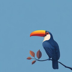 Poster - Minimalistic toucan in profile perched on a branch, solid blue background, clean flat and solid color design.