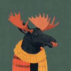 Poster - Minimalistic moose in profile wearing a scarf, solid green background, clean flat and basic solid colors.