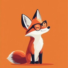 Poster - Flat minimalistic fox sitting in profile, wearing glasses, on a solid orange background, simple solid colors and no texture.