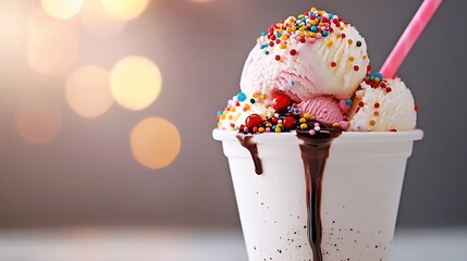 Canvas Print - Delicious ice cream scoops with sprinkles and chocolate sauce in a cup.