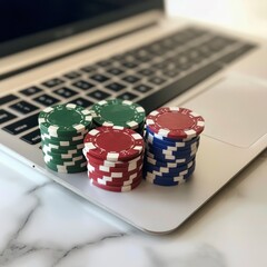 Poster - Online Gambling. Online Casino. Poker chips lie on the keyboard. Poker online. Internet.