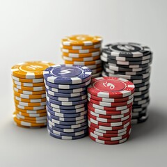 Poster - dice casino chips flying realistic tokens for gambling, cash for roulette or poker,