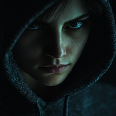 Aufkleber - Computer Hacker in Hoodie. Obscured Dark Face. Concept of Hacker Attack, Virus Infected Software, Dark Web and Cyber Security.
