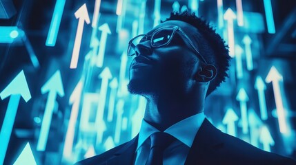 Poster - Corporate professional immersed in financial analysis, glowing upward arrows symbolizing progress, blue futuristic background