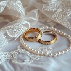 Aufkleber - Two gold wedding rings on a white satin background with part of the delicate lace of the bride's dress or veil. white chic string of pearl beads