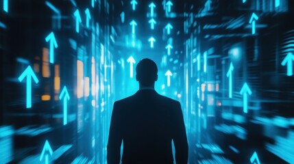 Fototapete - Corporate professional immersed in financial analysis, glowing upward arrows symbolizing progress, blue futuristic background