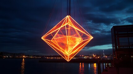 Poster - Illuminating light sculpture urban waterfront artistic installation nighttime ambiance aerial perspective modern art