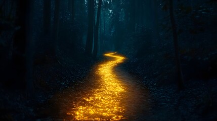 Mystical golden path illuminating forest enchanting nature scene nighttime dreamlike viewpoint