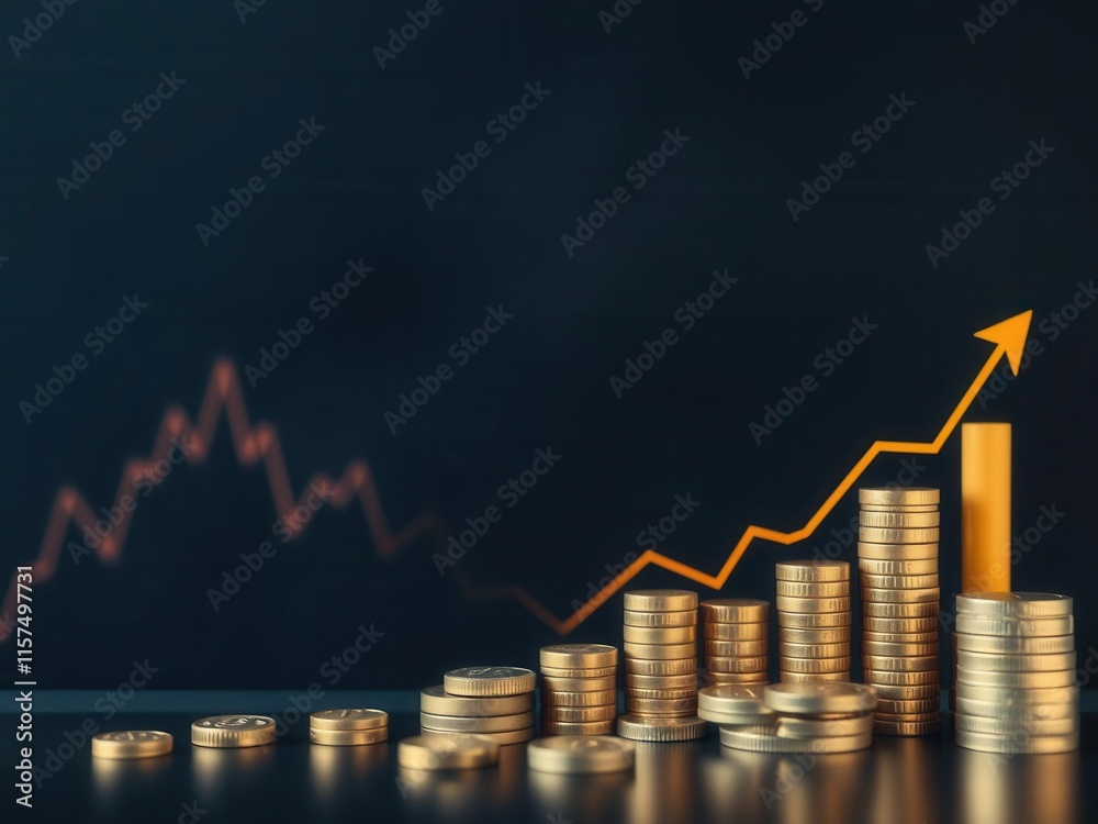 Gold coins stacked in ascending order with a rising graph illustration ...