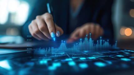 Fototapete - Entrepreneur analyzing virtual financial trends, futuristic interface with glowing blue details