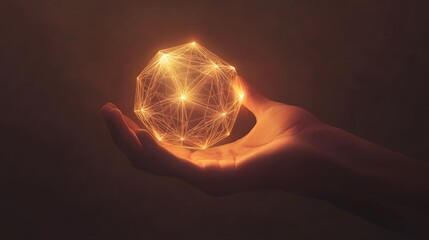 Poster - Illuminating geometric sphere held by hand abstract concept dark environment close-up view for creative inspiration