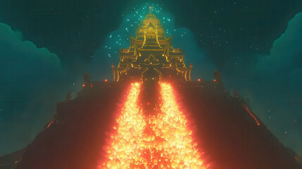 Canvas Print - A glowing temple atop a volcanic landscape, surrounded by a starry sky.