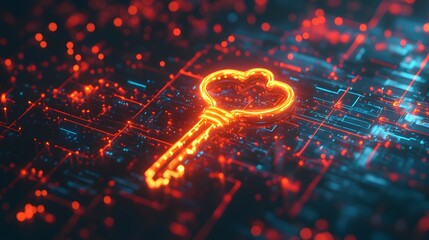 Poster - Unlocking digital security futuristic neon key concept in technology environment with abstract visuals