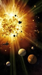 Wall Mural - Dramatic explosion in space with planets scattered and glowing light illuminating cosmic debris