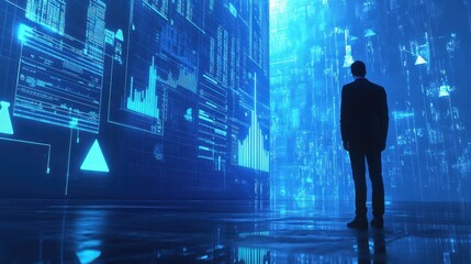 Poster - Entrepreneur strategizes with financial documents and holographic growth charts, glowing indicators in a blue setting