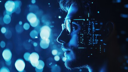 Fototapete - Entrepreneur studies glowing data trends, investment-focused futuristic blue background