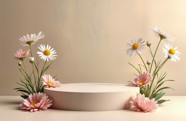 Aufkleber - Empty beige stone pedestal decorated with white, pink chamomile flowers. Natural light highlights minimalist design. Perfect for displaying cosmetics fashion products. Spring aesthetic. Versatile for