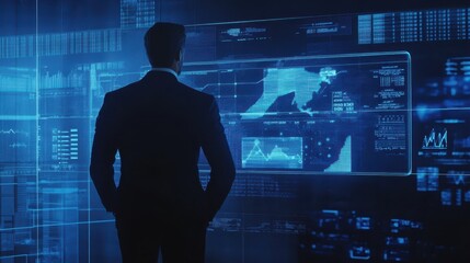 Poster - Executive uses a holographic financial dashboard, highlighting investment growth, professional blue setting