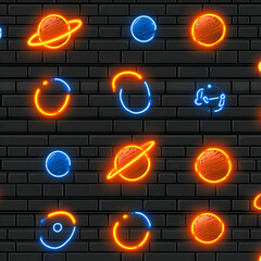 Wall Mural - neon planets brick wall illustration