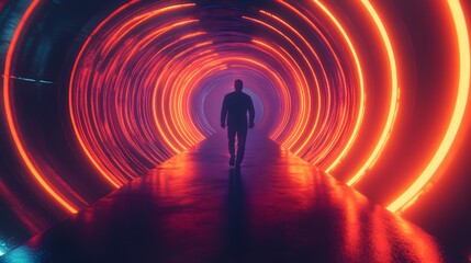 Poster - Walking through a neon tunnel futuristic location digital art sci-fi environment dramatic perspective concept of isolation