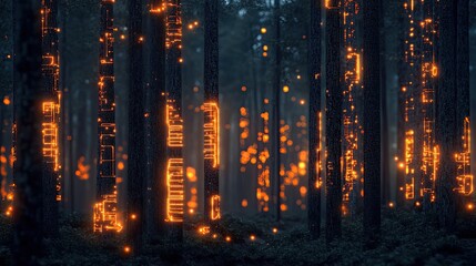 Aufkleber - Digital forest where trees have glowing data circuits running through their bark
