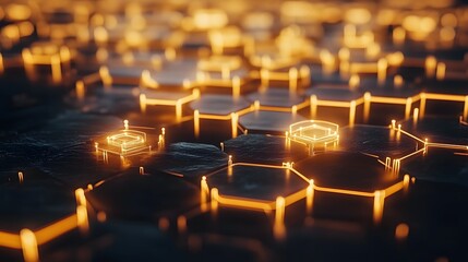 Poster - Dynamic hexagonal patterns with glowing edges abstract digital art technology concept dark environment close-up view