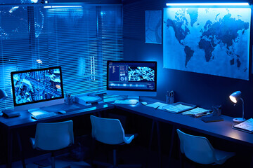 Aufkleber - Desks with computer monitors with location data on screens standing along wall with map and window with venetian blinds