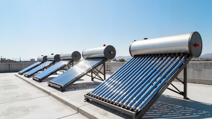 array of solar water heaters on rooftop under clear blue sky