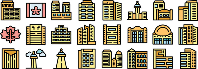 Poster - Icons showcasing diverse architectural styles found in canadian cities, blending modern skyscrapers with traditional structures and cultural landmarks