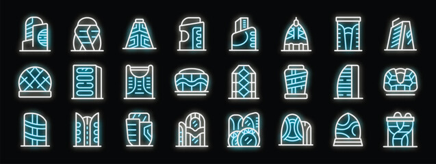 Poster - Set of futuristic building icons glowing with neon light, showcasing innovative architectural designs