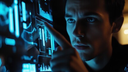 Fototapete - Professional examines increasing graphs on a virtual screen, futuristic design with blue highlights, focused expression