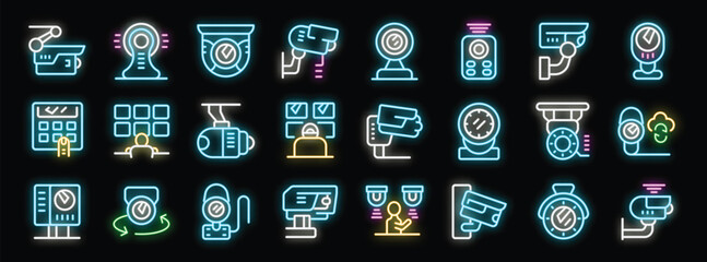 Poster - Glowing neon icons representing various surveillance technologies, including security cameras, cctv systems, and remote monitoring devices