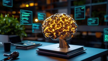 Poster - A glowing, abstract brain sculpture made of lights sits on a desk, surrounded by digital elements, symbolizing technology and intelligence.