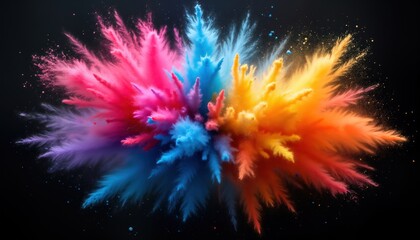 Poster - Vibrant explosion of colorful powder on black background. Abstract art with many-colored dust particles burst, spread. Dynamic, creative color burst. High speed, bright colors. Looks like Holi