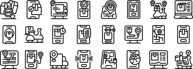 Poster - Courier tracking icons set. Set of linear icons representing delivery tracking apps, showcasing real time location, package status, and efficient logistics management for seamless shipping