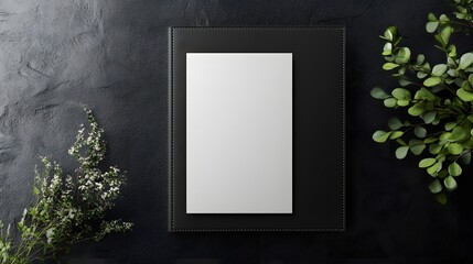 Wall Mural - Blank card on black leather with greenery