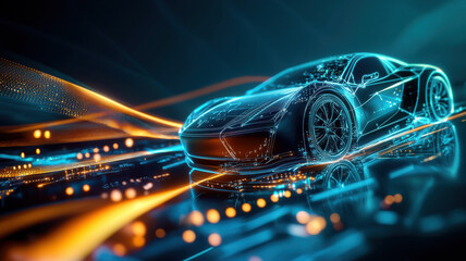 Poster - High tech luxury car with glowing lines and digital effects