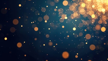 Poster - Abstract dark blue background with golden bokeh. Shining particles create festive holiday concept. Elegant design with luxury glow. Ideal for Christmas, New Year, seasonal events. Design creates