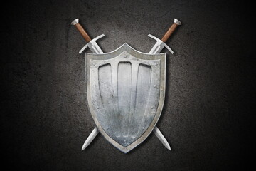 Wall Mural -  knightly shield and two swords  on concrete wall background