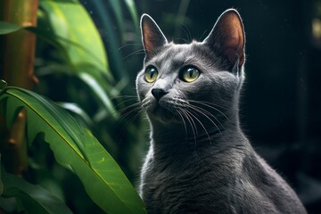 Wall Mural - Portrait of a cute russian blue cat on lush tropical rainforest