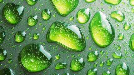 Poster - Close-up view of vibrant green water droplets on a smooth surface showcasing nature’s beauty and tranquility
