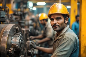 Poster - Metalworker operating lathe machine in manufacturing plant