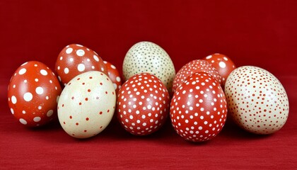 Festive Easter Eggs Decorated with Red and White Polka Dots on a Vibrant Red Background