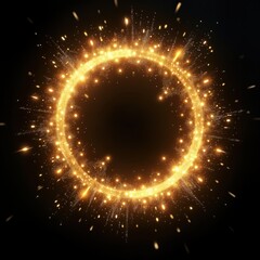 Fototapete - Golden circular light effect shines bright on black background. Particles sparkle, glow in circular frame. Abstract design for holiday celebration themes. Shiny ring of light, creating magical glow.