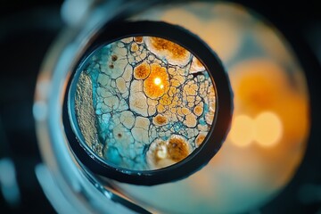 Aufkleber - Unique abstract view through a circular lens revealing vibrant textures and colors resembling an artistic landscape