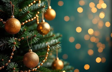 Wall Mural - festive green christmas tree decorated with golden ornaments. sparkling golden balls hang on branche