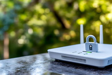 Wall Mural - Secure wireless router with padlock on outdoor table.