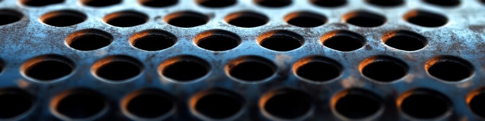 Aufkleber - Close-up view of a textured metal surface featuring evenly spaced circular holes reflecting light in a workshop or industrial setting around midday